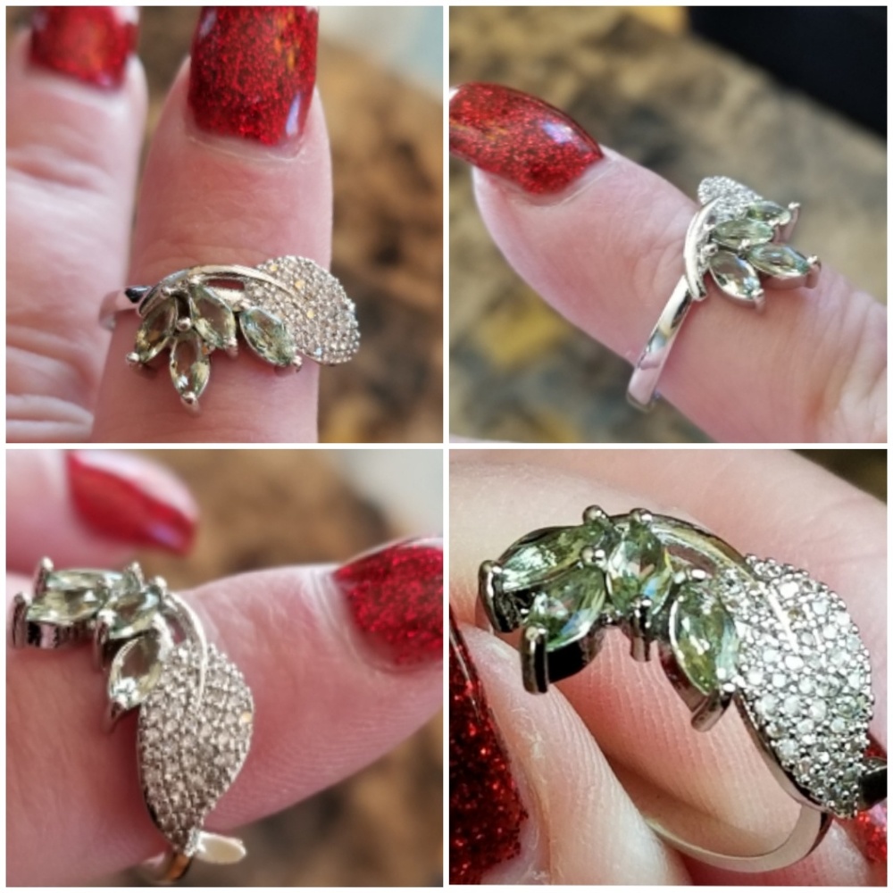 Genuine Prasiolite/Green Amethyst leaf Ring Size 9